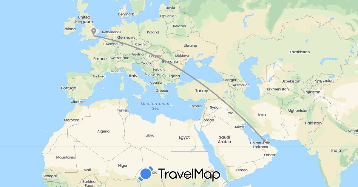 TravelMap itinerary: driving, plane in United Arab Emirates, United Kingdom (Asia, Europe)